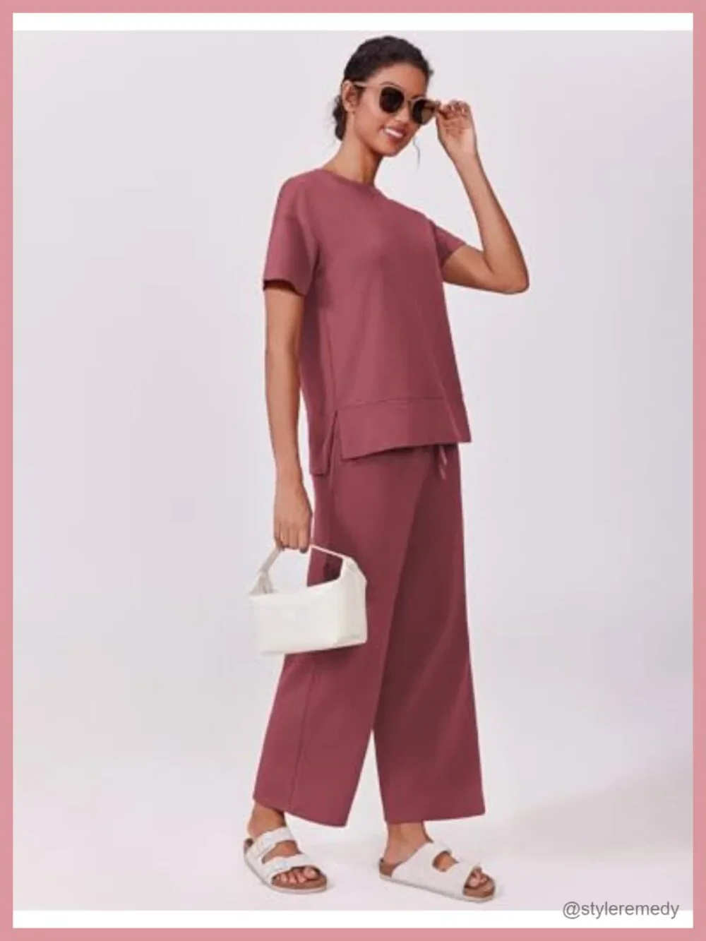 2 Piece Lounge Set Womens Short Sleeve Wide Leg Pants Drawstring Pockets Travel